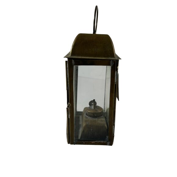 Vintage Brass Glass Panel Lamp Lantern Mirror 6" Tall Handle Primitive NO Wick - Picture 2 of 12